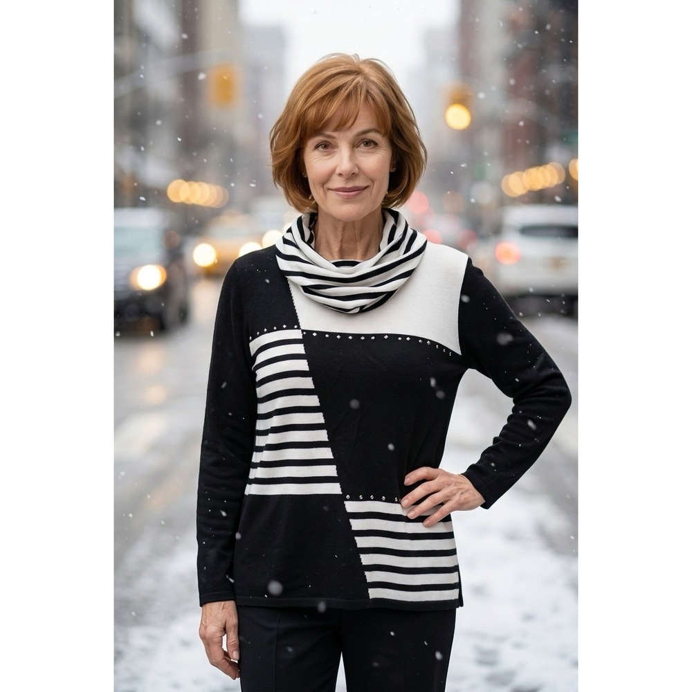 Alfred Dunner Womens Medium Black White Colorblock Striped Cowl Neck Sweater